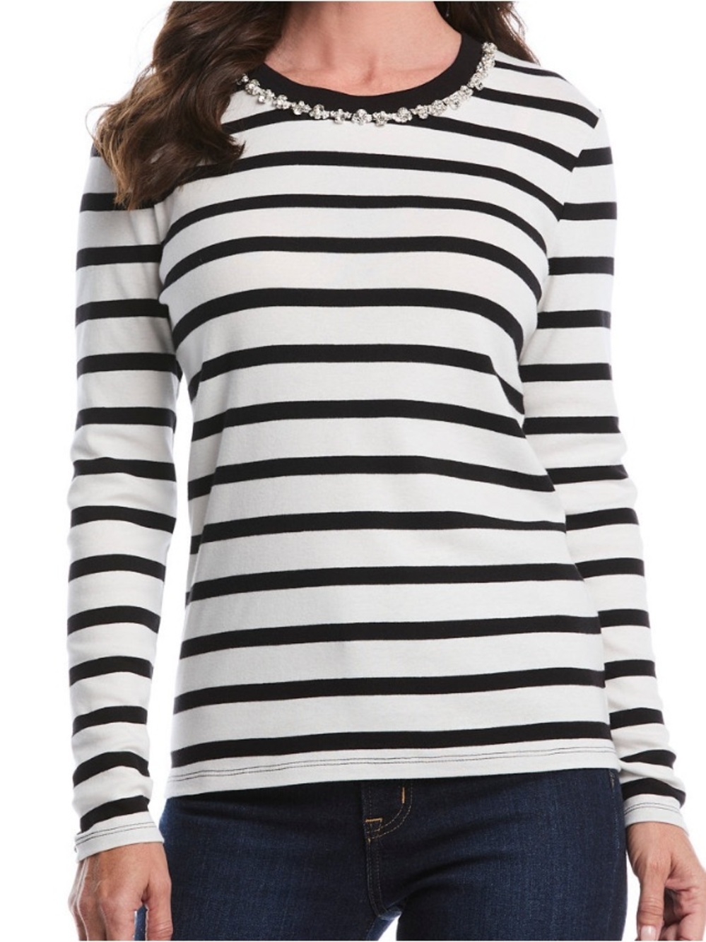 Rafaella Black & White Striped Long-Sleeve Top with Jewel Trim - Size Small - Picture 2 of 8